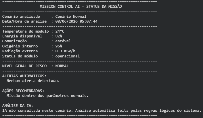 Saída do notebook Mission Control em um cenário normal de missão